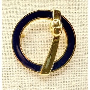 Vintage‎ Monet Navy Blue Enamel Gold Tone Circle Brooch Roll Over Clasp 1.5"